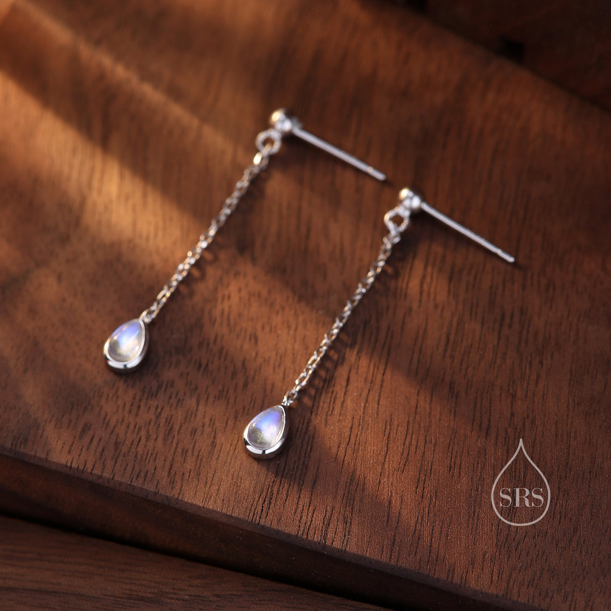 Sterling Silver Tiny Moonstone Droplet Drop Stud Earrings, Silver or Gold, Lab Moonstone Dangle Chain Earrings