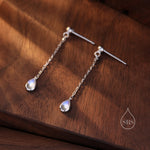 Sterling Silver Tiny Moonstone Droplet Drop Stud Earrings, Silver or Gold, Lab Moonstone Dangle Chain Earrings