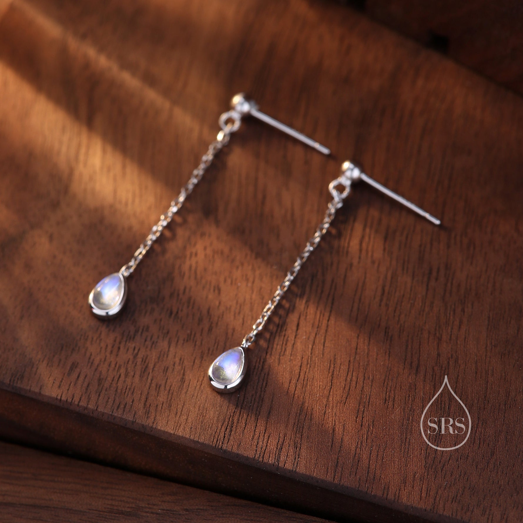 Sterling Silver Tiny Moonstone Droplet Drop Stud Earrings, Silver or Gold, Lab Moonstone Dangle Chain Earrings