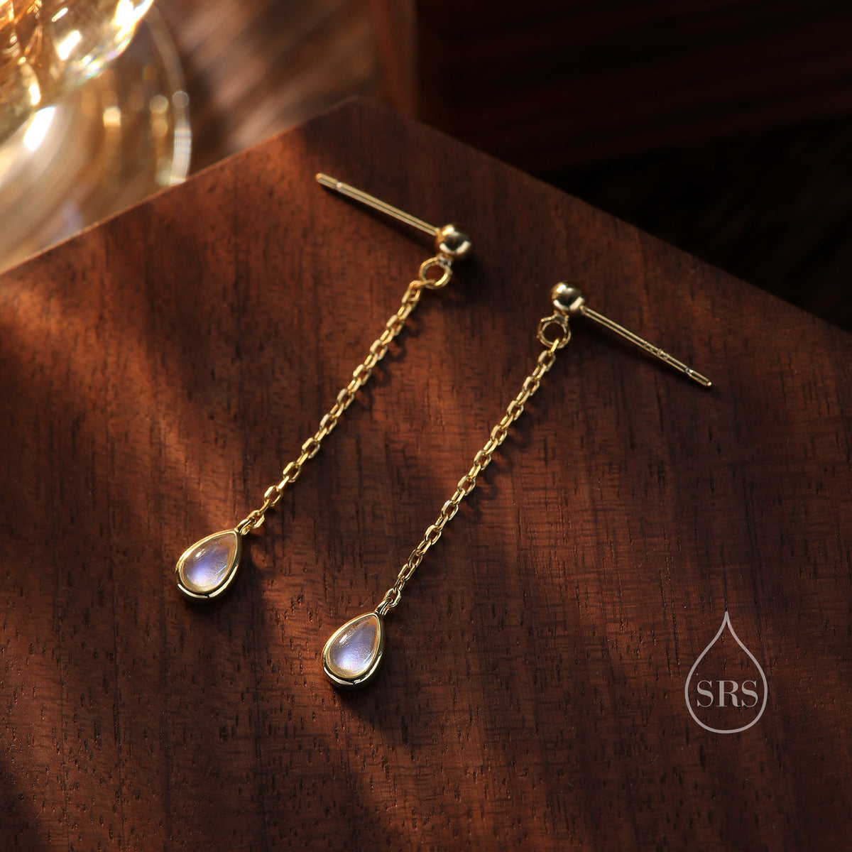 Sterling Silver Tiny Moonstone Droplet Drop Stud Earrings, Silver or Gold, Lab Moonstone Dangle Chain Earrings