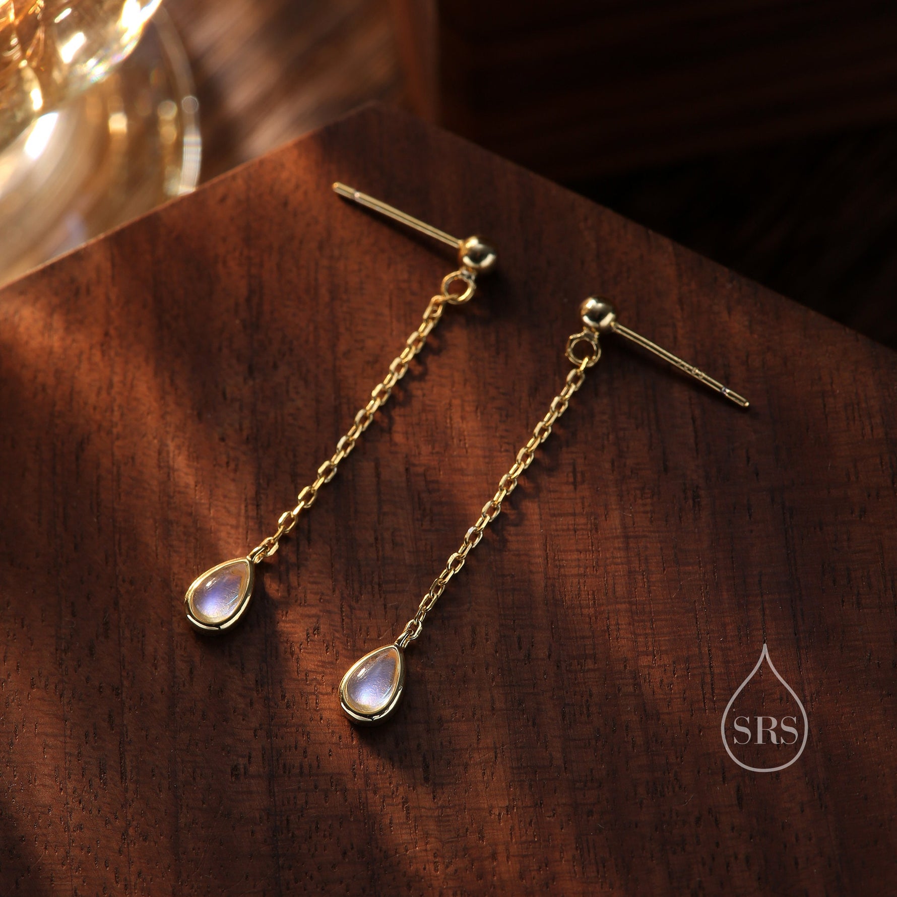 Sterling Silver Tiny Moonstone Droplet Drop Stud Earrings, Silver or Gold, Lab Moonstone Dangle Chain Earrings