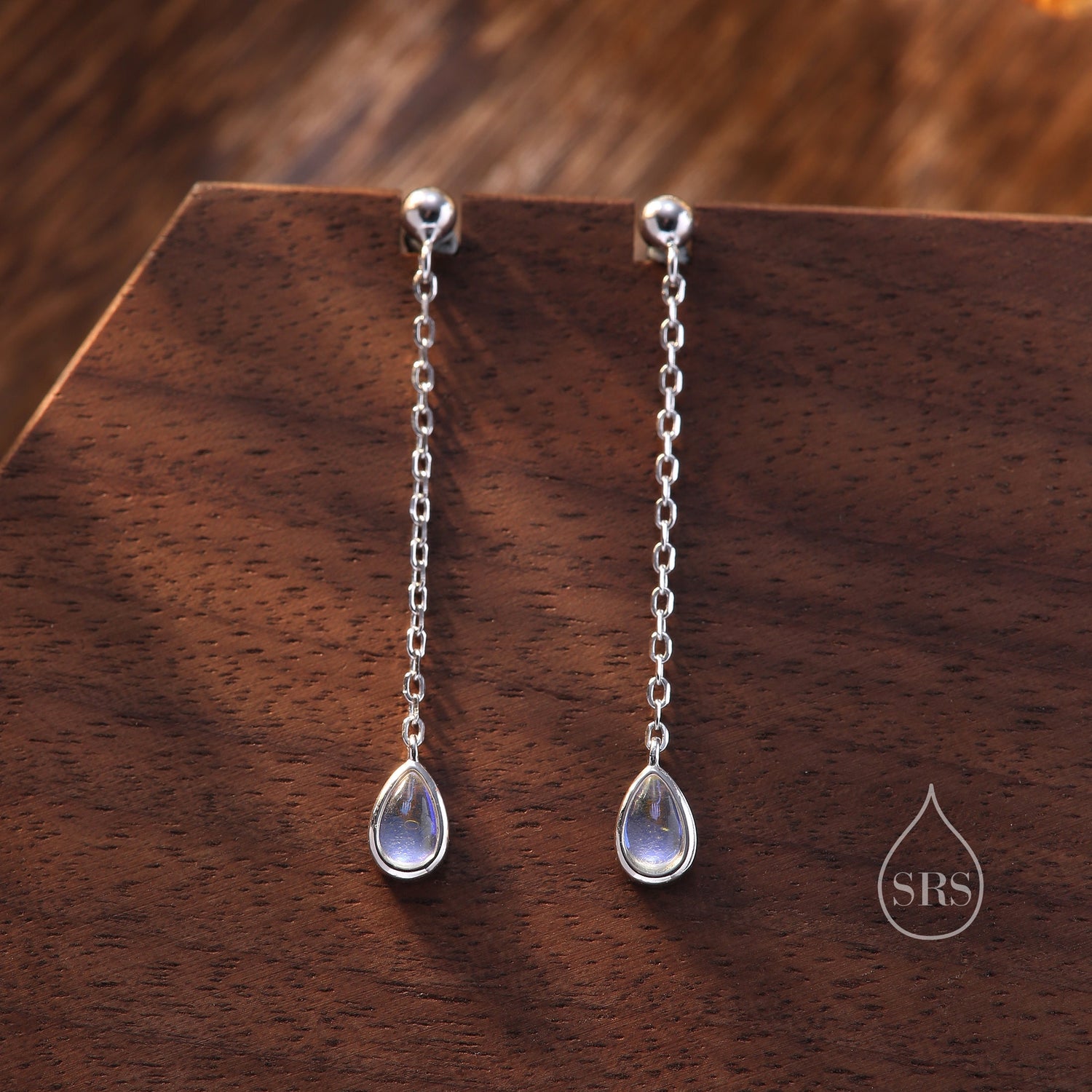 Sterling Silver Tiny Moonstone Droplet Drop Stud Earrings, Silver or Gold, Lab Moonstone Dangle Chain Earrings