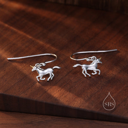 Unicorn Drop Hook Earrings in Sterling Silver, Partial Gold Plate, Unicorn Dangle Earrings, Unicorn Horse Earrings,