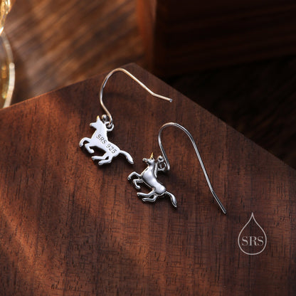 Unicorn Drop Hook Earrings in Sterling Silver, Partial Gold Plate, Unicorn Dangle Earrings, Unicorn Horse Earrings,