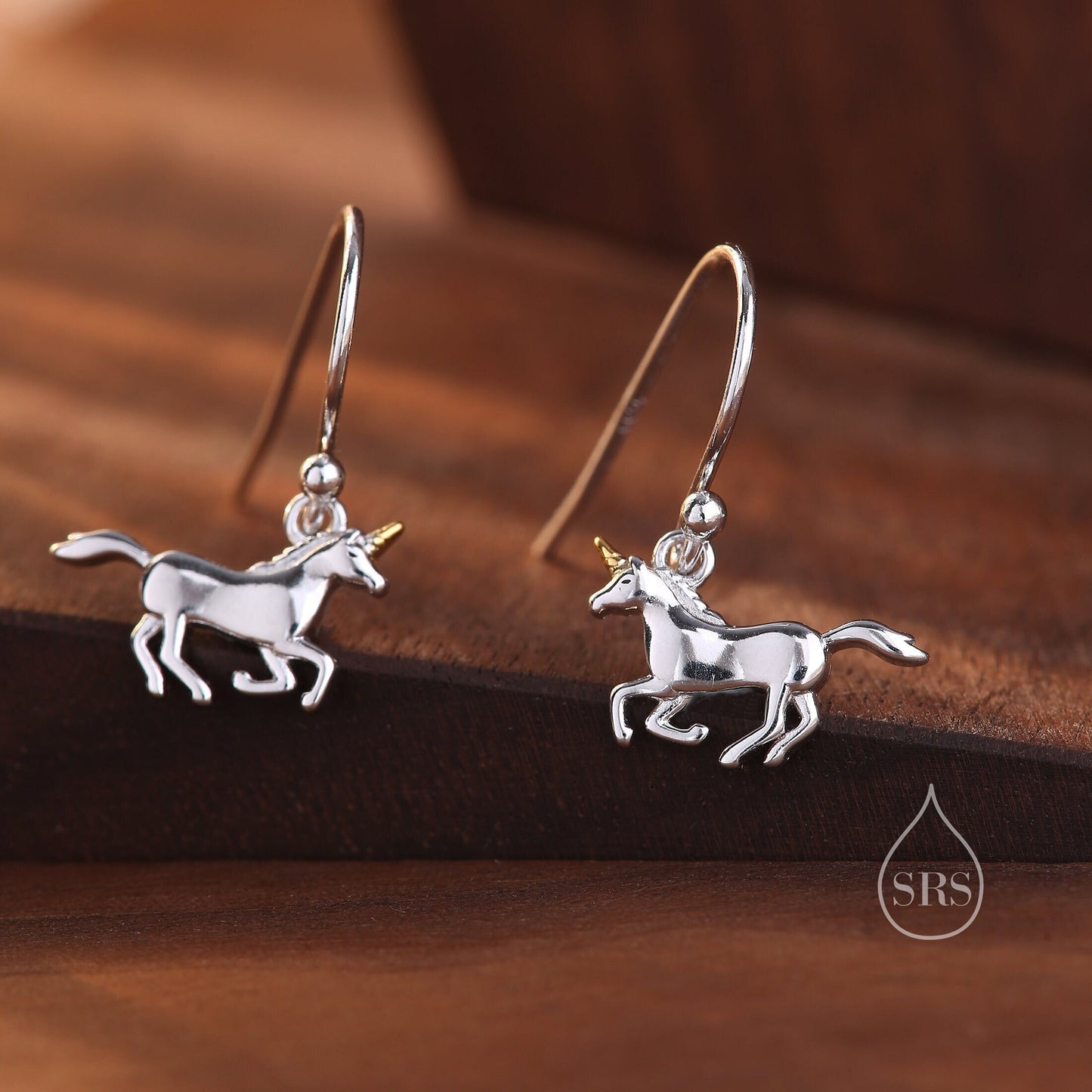 Unicorn Drop Hook Earrings in Sterling Silver, Partial Gold Plate, Unicorn Dangle Earrings, Unicorn Horse Earrings,