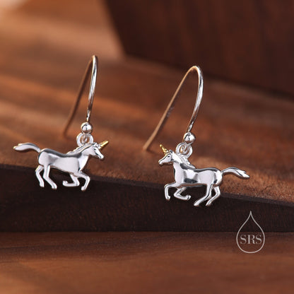 Unicorn Drop Hook Earrings in Sterling Silver, Partial Gold Plate, Unicorn Dangle Earrings, Unicorn Horse Earrings,