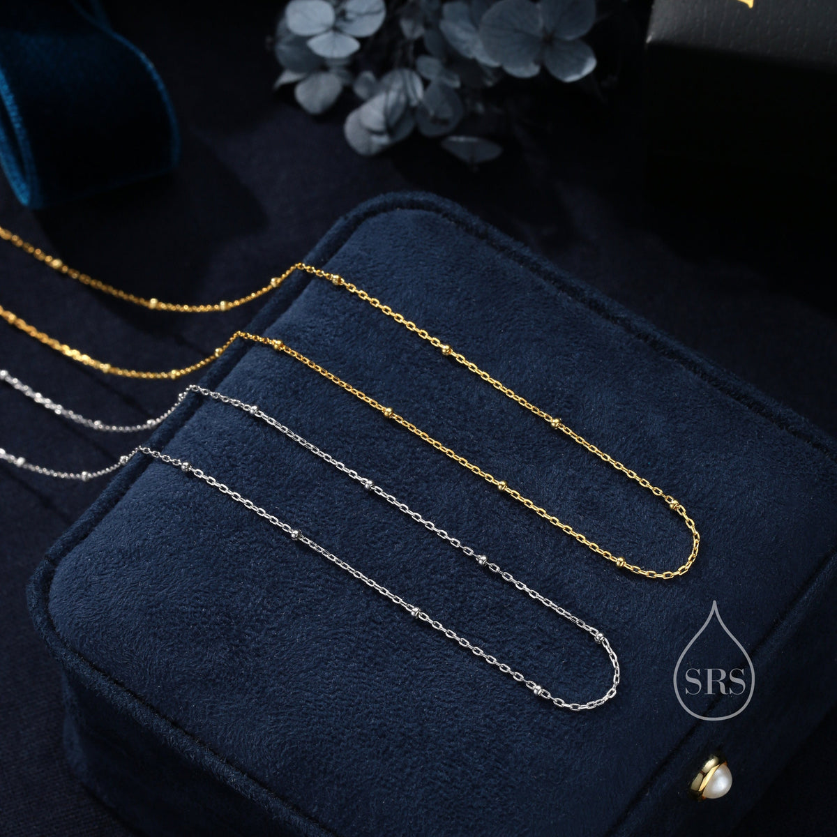Minimalist Dainty Bead Motif Necklace in Sterling Silver, Various Lengths, Silver or Gold or Rose Gold, Satellite Chain Bead Choker Necklace