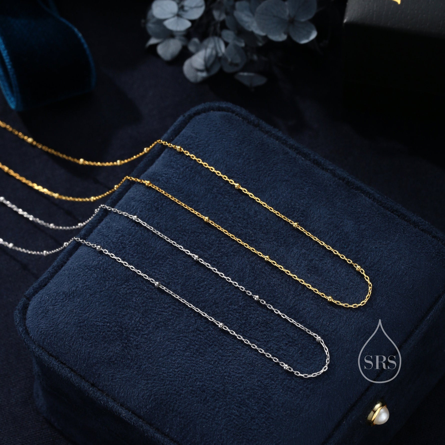 Minimalist Dainty Bead Motif Necklace in Sterling Silver, Various Lengths, Silver or Gold or Rose Gold, Satellite Chain Bead Choker Necklace