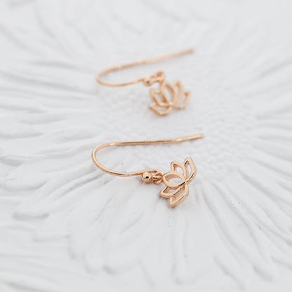 Sterling Silver Lotus Flower Drop Hook Earrings, Silver or Gold or Rose Gold, Water Lily Earrings, Lotus Earrings, Lotus Flower Earrings