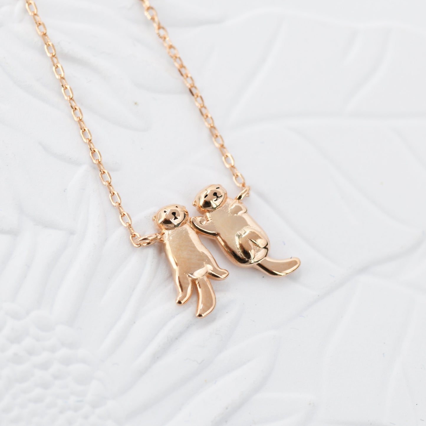 Tiny Otter Holding Hands Pendant Necklace in Sterling Silver, Silver or Gold or Rose Gold, Nature Inspired Animal Necklace