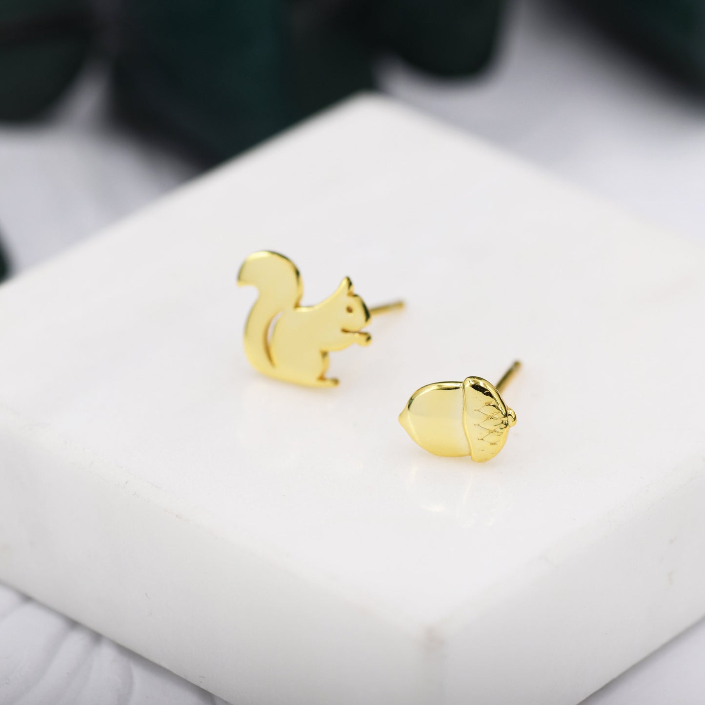 Mismatched Squirrel and Acorn Stud Earrings in Sterling Silver, Silver or Gold, Squirrel Earrings, Asymmetric Squirrel Earrings