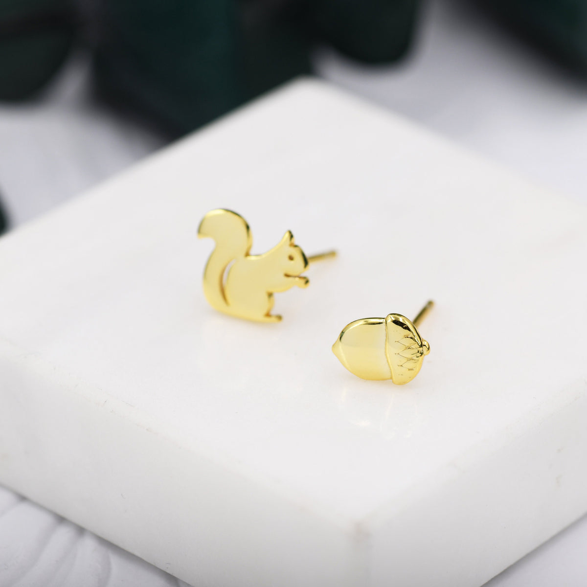Mismatched Squirrel and Acorn Stud Earrings in Sterling Silver, Silver or Gold, Squirrel Earrings, Asymmetric Squirrel and Nut Earrings