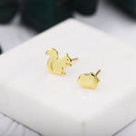 Mismatched Squirrel and Acorn Stud Earrings in Sterling Silver, Silver or Gold, Squirrel Earrings, Asymmetric Squirrel and Nut Earrings