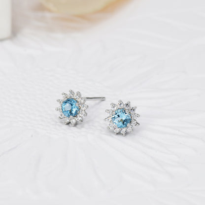 Genuine Swiss Blue Topaz Crystal Stud Earrings in Sterling Silver, Natural Blue Topaz Halo Stud Earrings