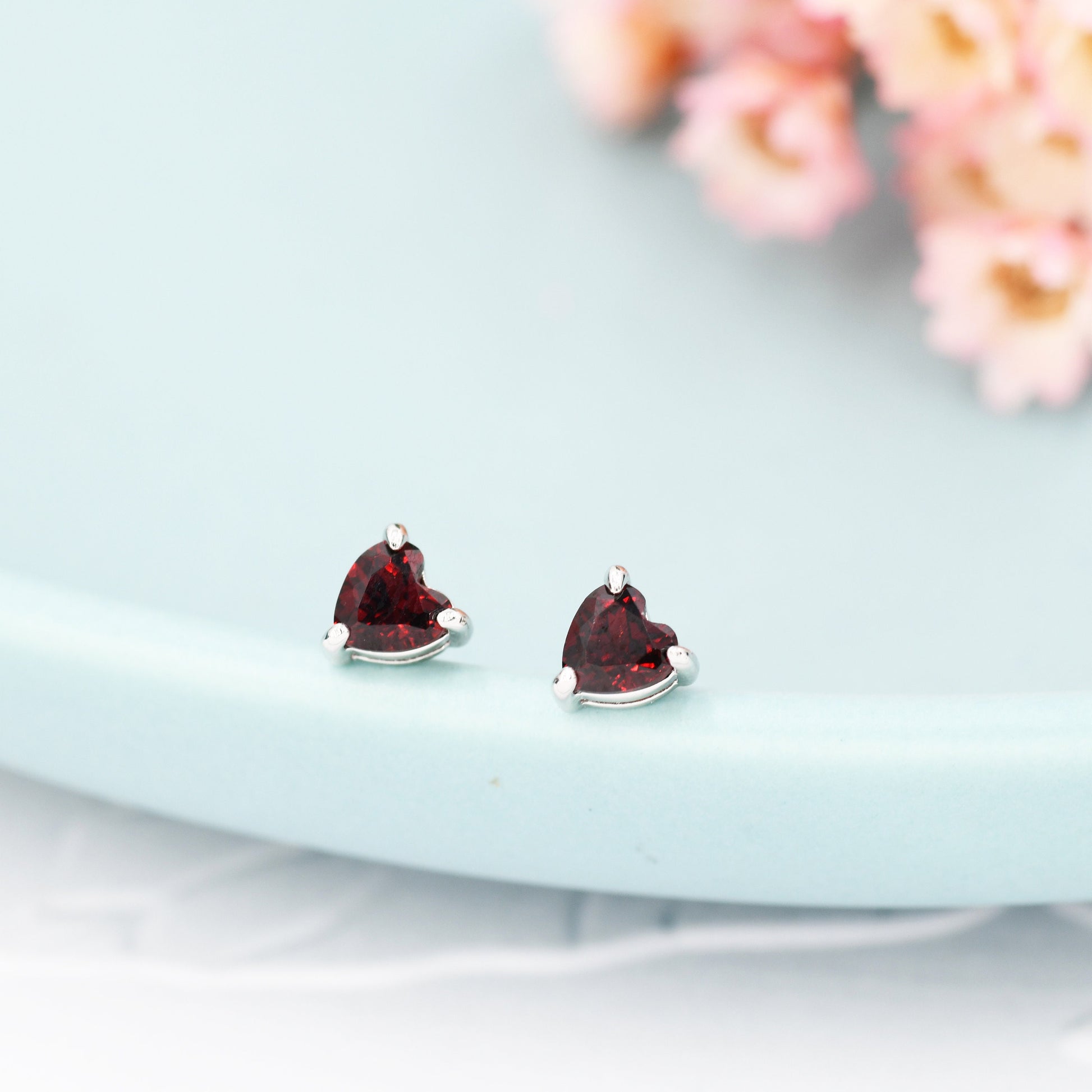Natural Dark Garnet Crystal Heart Stud Earrings in Sterling Silver,4mm Garnet Crystal, Heart Stud Earrings, Tiny Heart Earrings