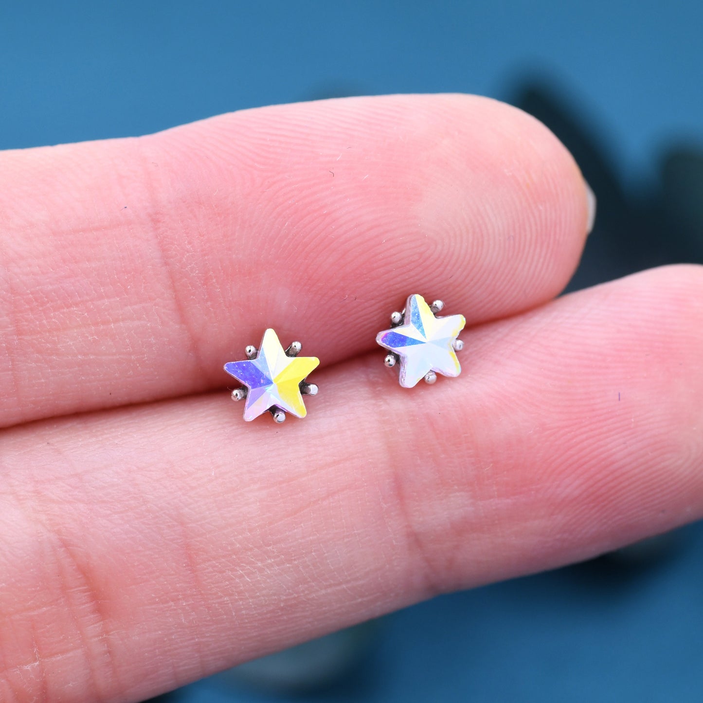 Aurora AB Crystal CZ Star Stud Earrings in Sterling Silver, 5mm Colour Changing Crystals, Star Earrings, Crystal Star Stud