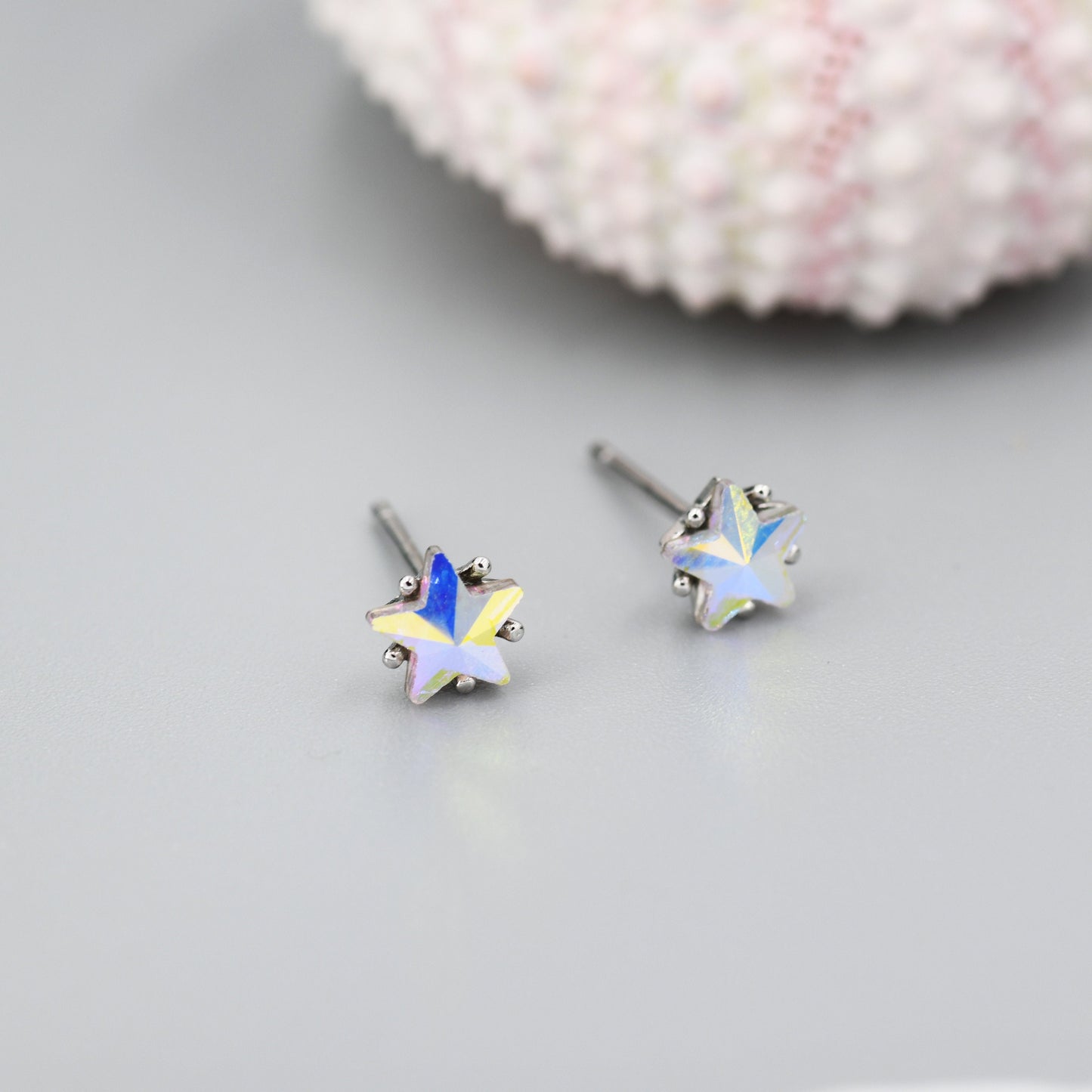 Aurora AB Crystal CZ Star Stud Earrings in Sterling Silver, 5mm Colour Changing Crystals, Star Earrings, Crystal Star Stud