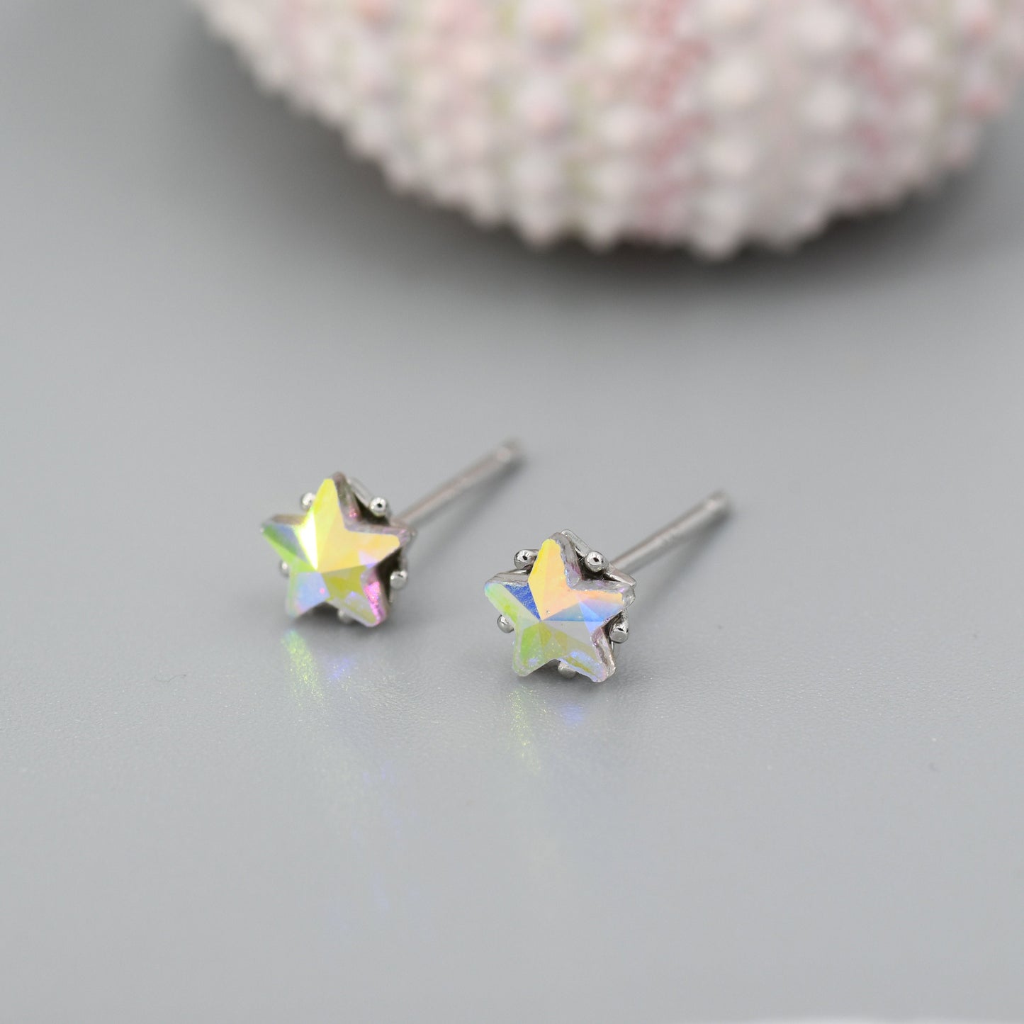 Aurora AB Crystal CZ Star Stud Earrings in Sterling Silver, 5mm Colour Changing Crystals, Star Earrings, Crystal Star Stud