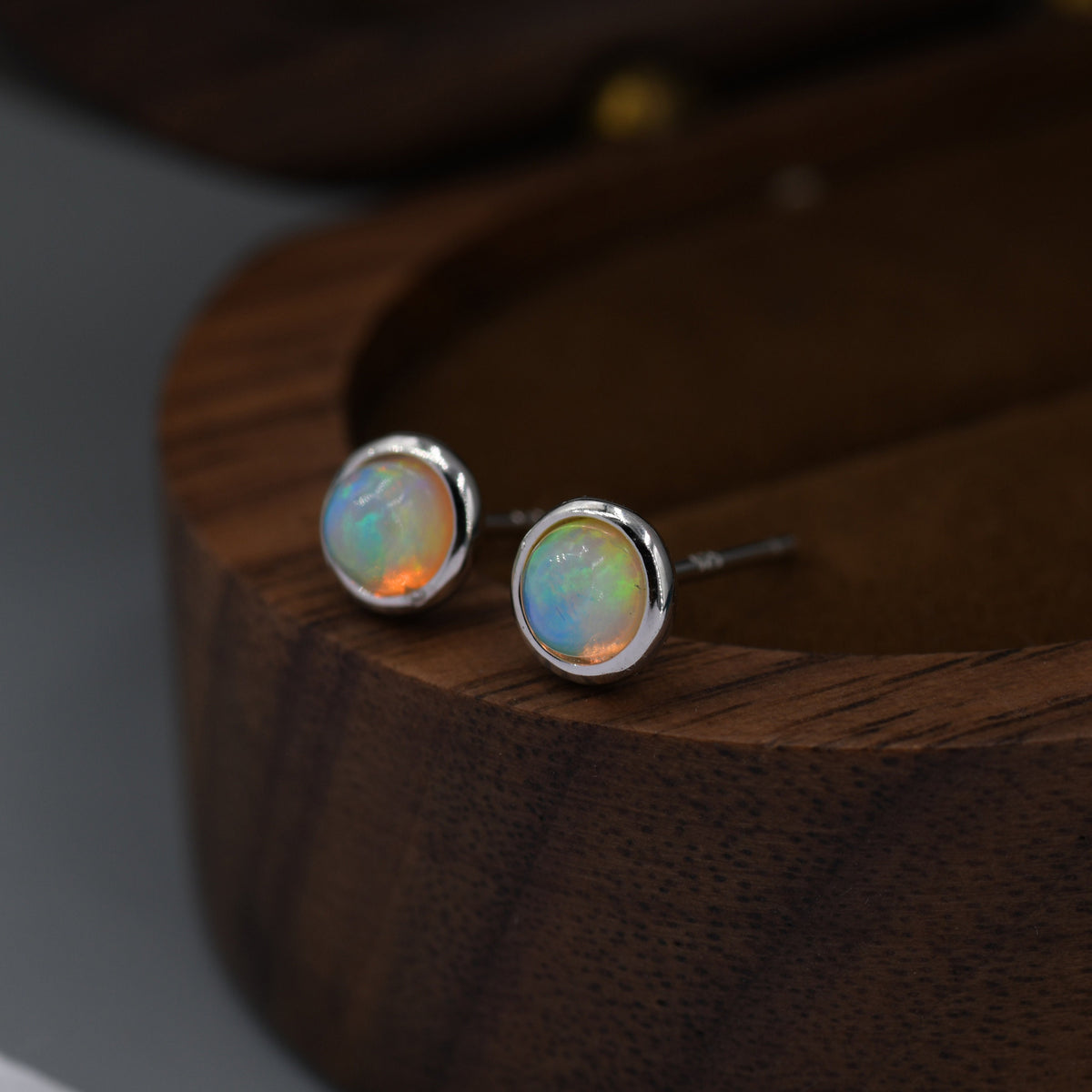 Genuine Ethiopian Opal Stone Stud Earrings in Sterling Silver, 5mm Opal Stud, Natural Semi-Precious Gemstones, Bezel, Minimalist Earrings