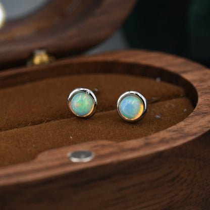 Genuine Ethiopian Opal Stone Stud Earrings in Sterling Silver, 5mm Opal Stud, Natural Semi-Precious Gemstones,  Bezel, Minimalist  Earrings