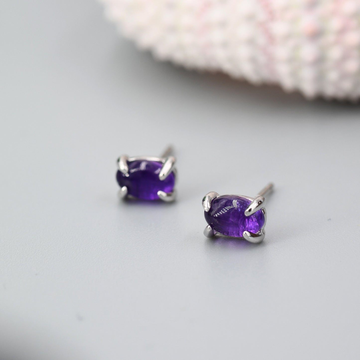 Genuine Dark Amethyst Oval Stud Earrings in Sterling Silver, 3x5 mm Amethyst Stud Earrings, Tiny Amethyst Earrings, February Birthstone