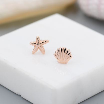 Mismatched Tiny Seashell and Starfish Stud Earrings in Sterling Silver, Silver, Gold or Rose Gold, Asymmetric Shell and Sea Star Earrings