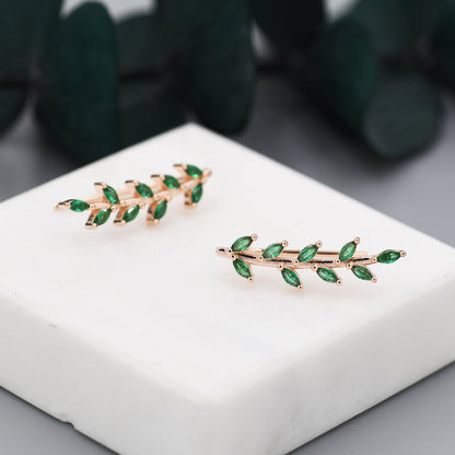 Emerald Green CZ Leaf Crawler Earrings in Sterling Silver, Silver, Gold or Rose Gold, Olive Branch Climber Earrings, Nature Inspired Earring