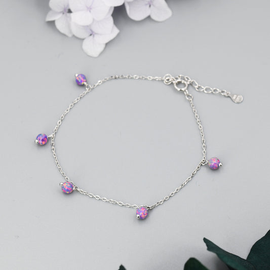 Delicate  Purple Opal Beaded Charm Bracelet in Sterling Silver, Lab Created Opal Bracelet, Silver Opal Bracelet