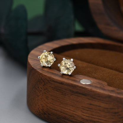 Genuine Yellow Citrine Stud Earrings in Sterling Silver,  5mm Citrine Earrings, Six Prong Citrine Crystal Earrings