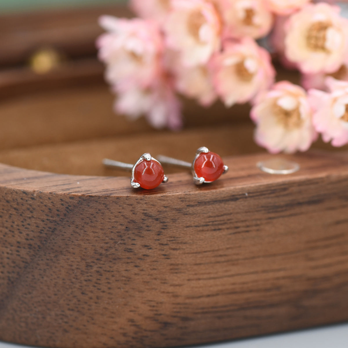 Natural Red Carnelian Stud Earrings in Sterling Silver, Semi-Precious Gemstone Earrings, 3mm and 3 prong Genuine Red Onyx Earrings