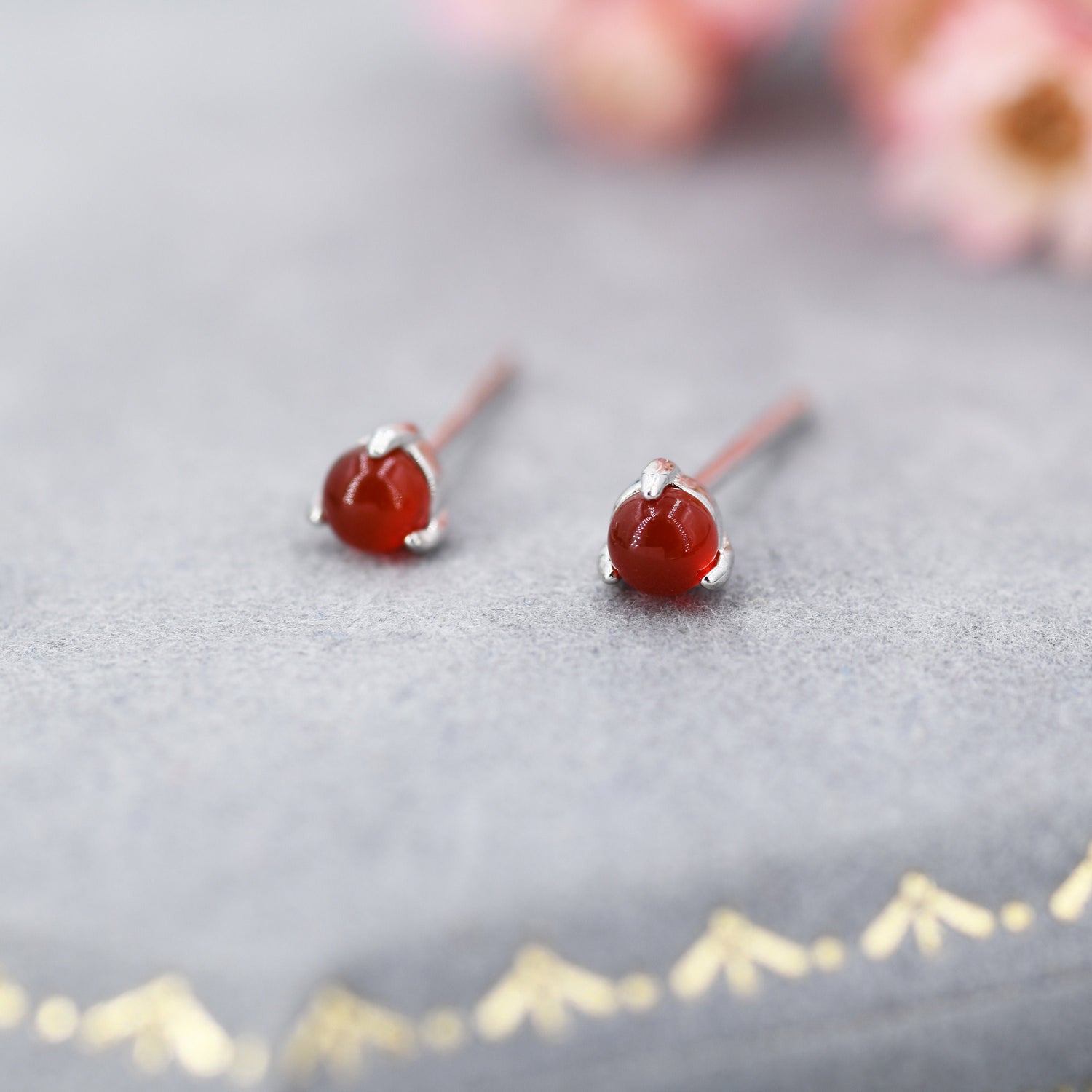 Natural Red Carnelian Stud Earrings in Sterling Silver, Semi-Precious Gemstone Earrings, 3mm and 3 prong Genuine Red Onyx Earrings