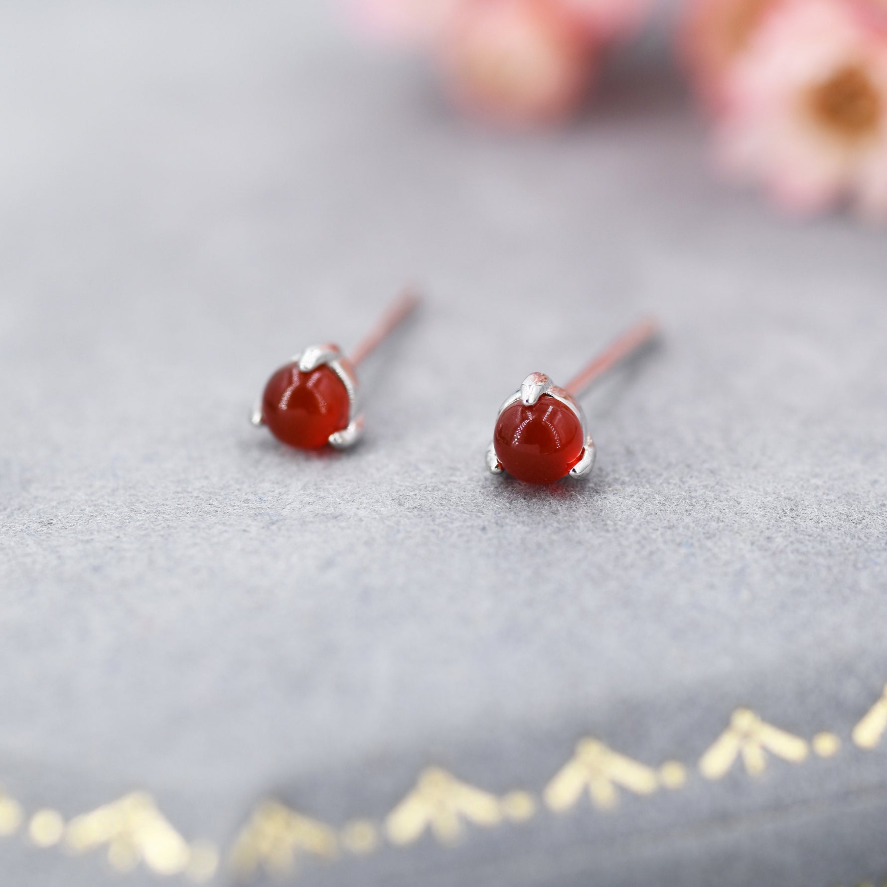 Natural Red Carnelian Stud Earrings in Sterling Silver, Semi-Precious Gemstone Earrings, 3mm and 3 prong Genuine Red Onyx Earrings