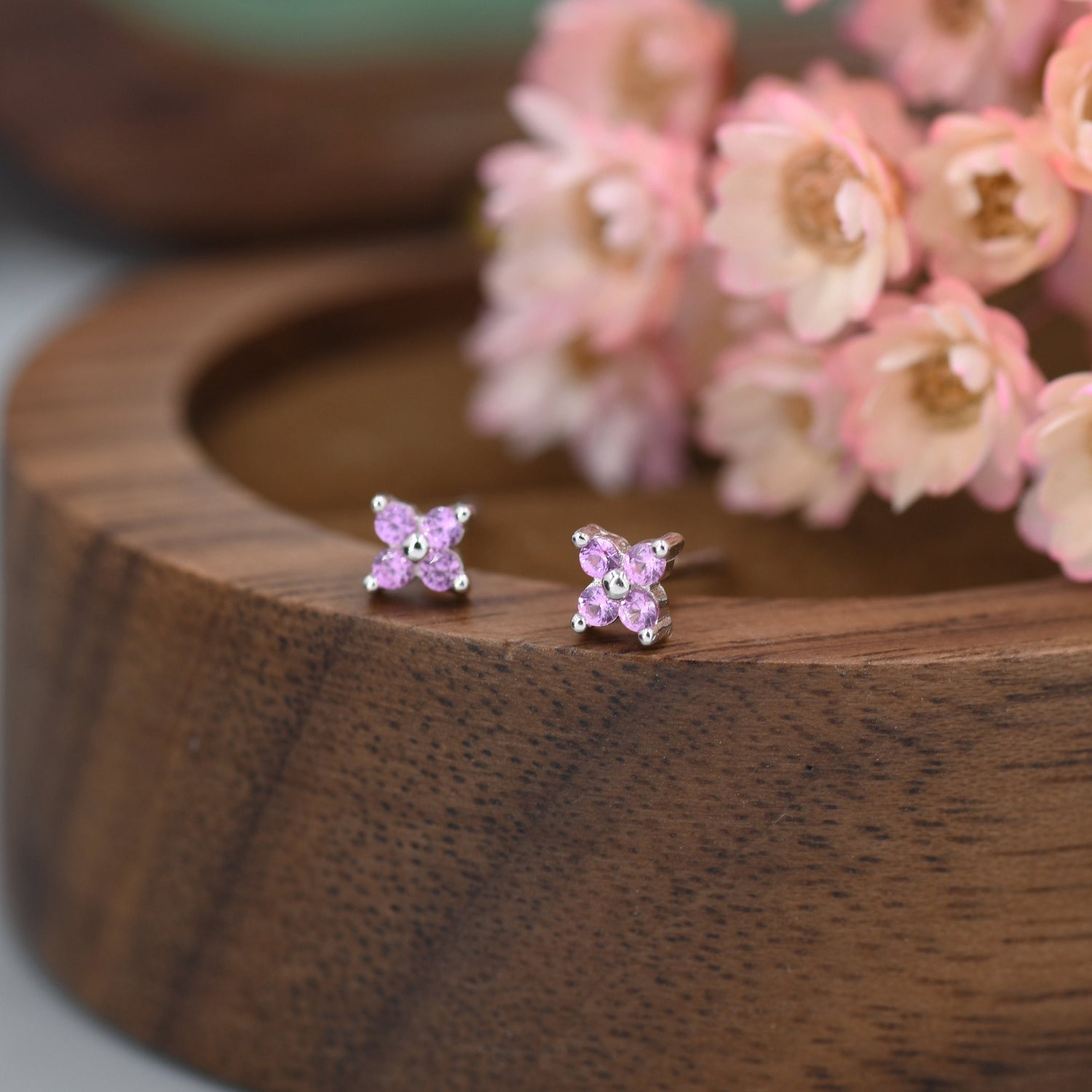 Pink Hydrangea Tiny Stud Earrings in Sterling Silver - 3mm Flower Stud, Pink Flower CZ Stud
