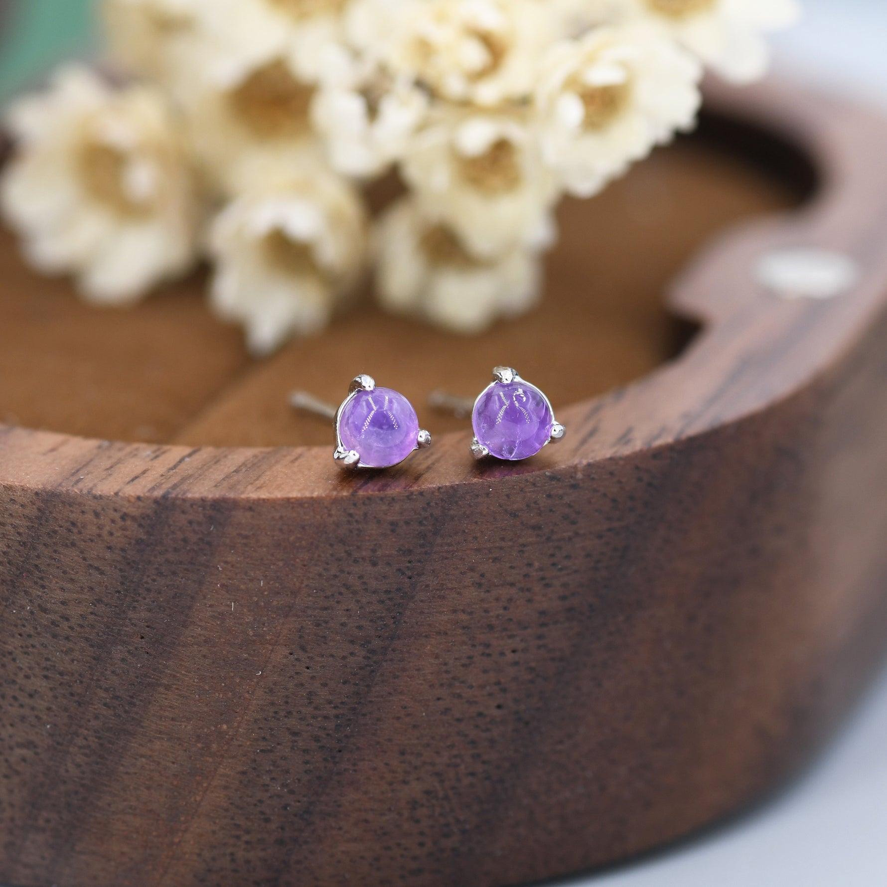 Natural Purple Amethyst Stud Earrings in Sterling Silver, Semi-Precious Gemstone Earrings, 3mm and 3 prong Genuine Amethyst Earrings