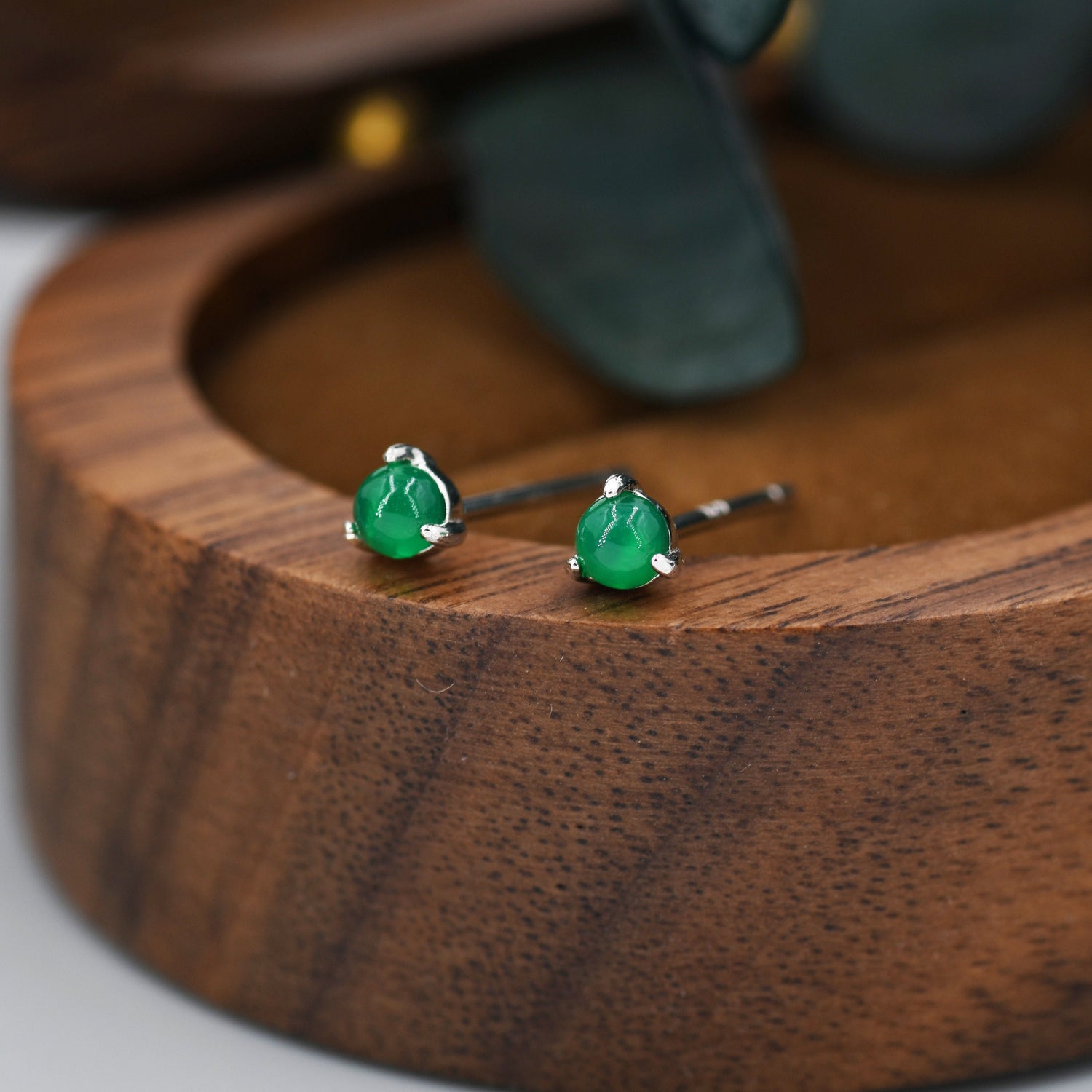 Natural Green Onyx Stud Earrings in Sterling Silver, Semi-Precious Gemstone Earrings, 3mm and 3 prong Genuine Green Onyx Earrings