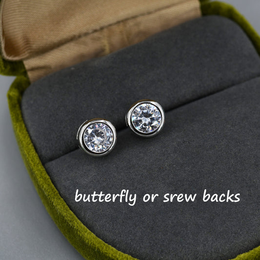 Extra Large 6mm CZ Stud Earrings in Sterling Silver, 6mm Bezel Stud Earrings, 6mm Crystal Earrings, Chunky CZ Stud