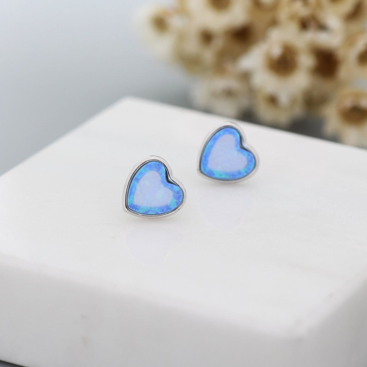 Blue Opal Heart Stud Earrings in Sterling Silver, Opal Heart Earrings,  Lab Opal Heart Earrings, Aqua Blue Opal Earrings