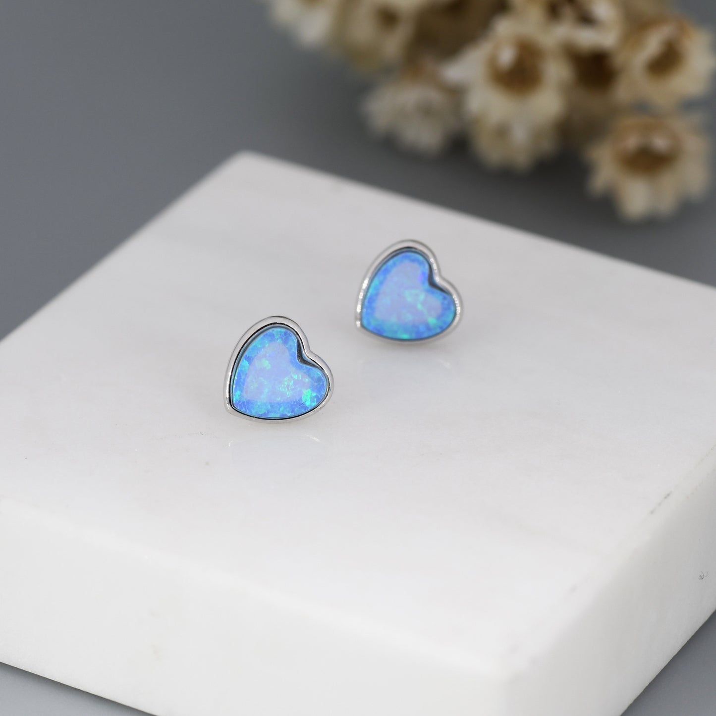 Blue Opal Heart Stud Earrings in Sterling Silver, Opal Heart Earrings,  Lab Opal Heart Earrings, Aqua Blue Opal Earrings