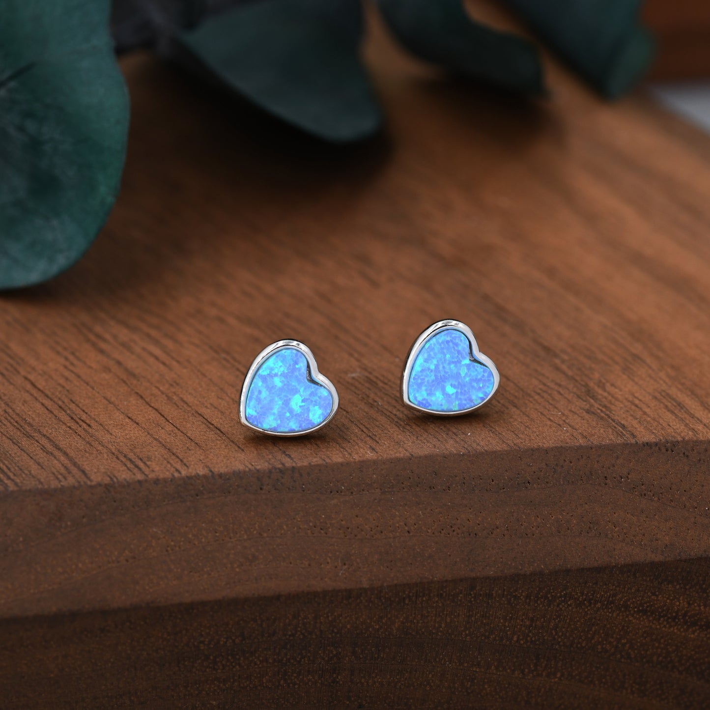 Blue Opal Heart Stud Earrings in Sterling Silver, Opal Heart Earrings,  Lab Opal Heart Earrings, Aqua Blue Opal Earrings