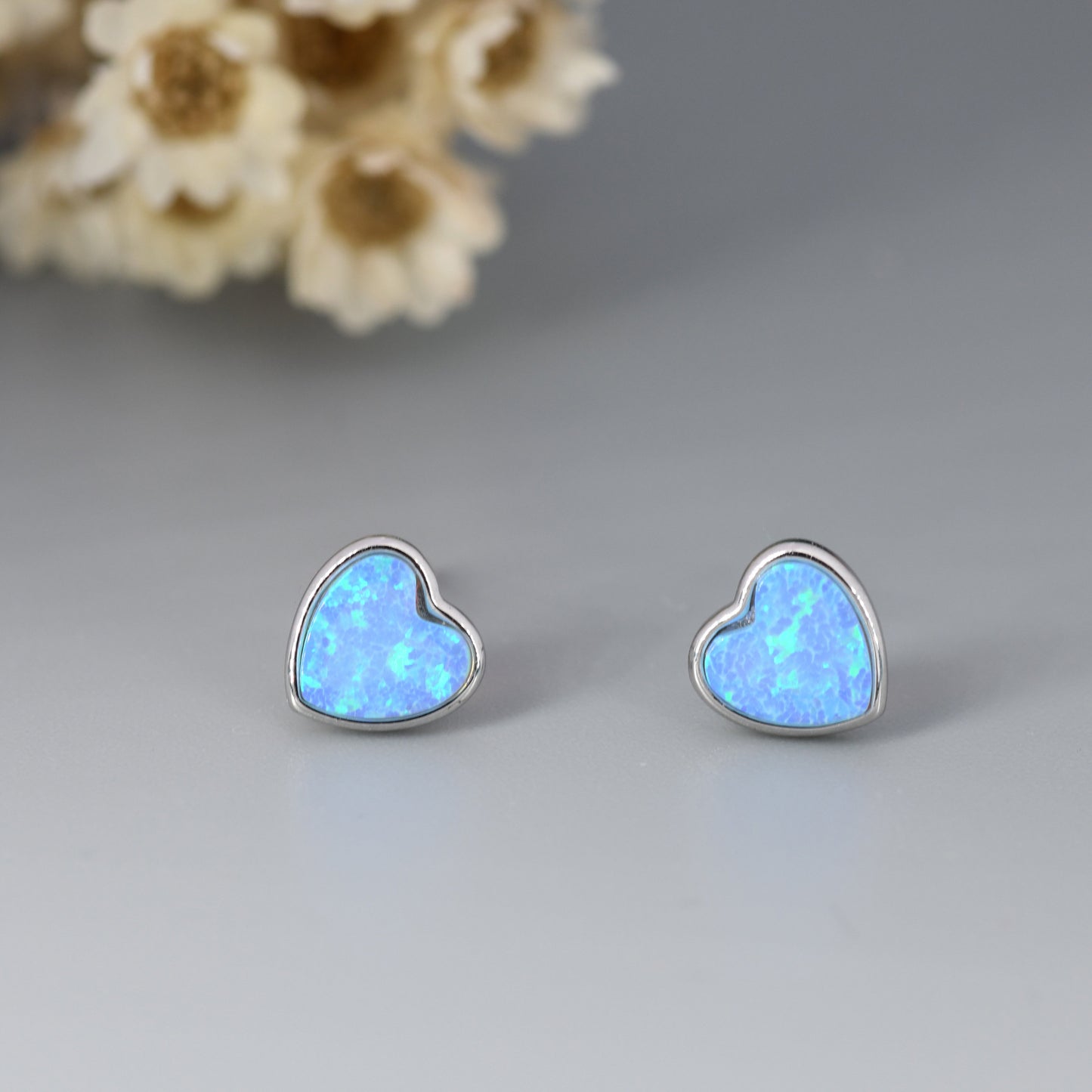 Blue Opal Heart Stud Earrings in Sterling Silver, Opal Heart Earrings,  Lab Opal Heart Earrings, Aqua Blue Opal Earrings