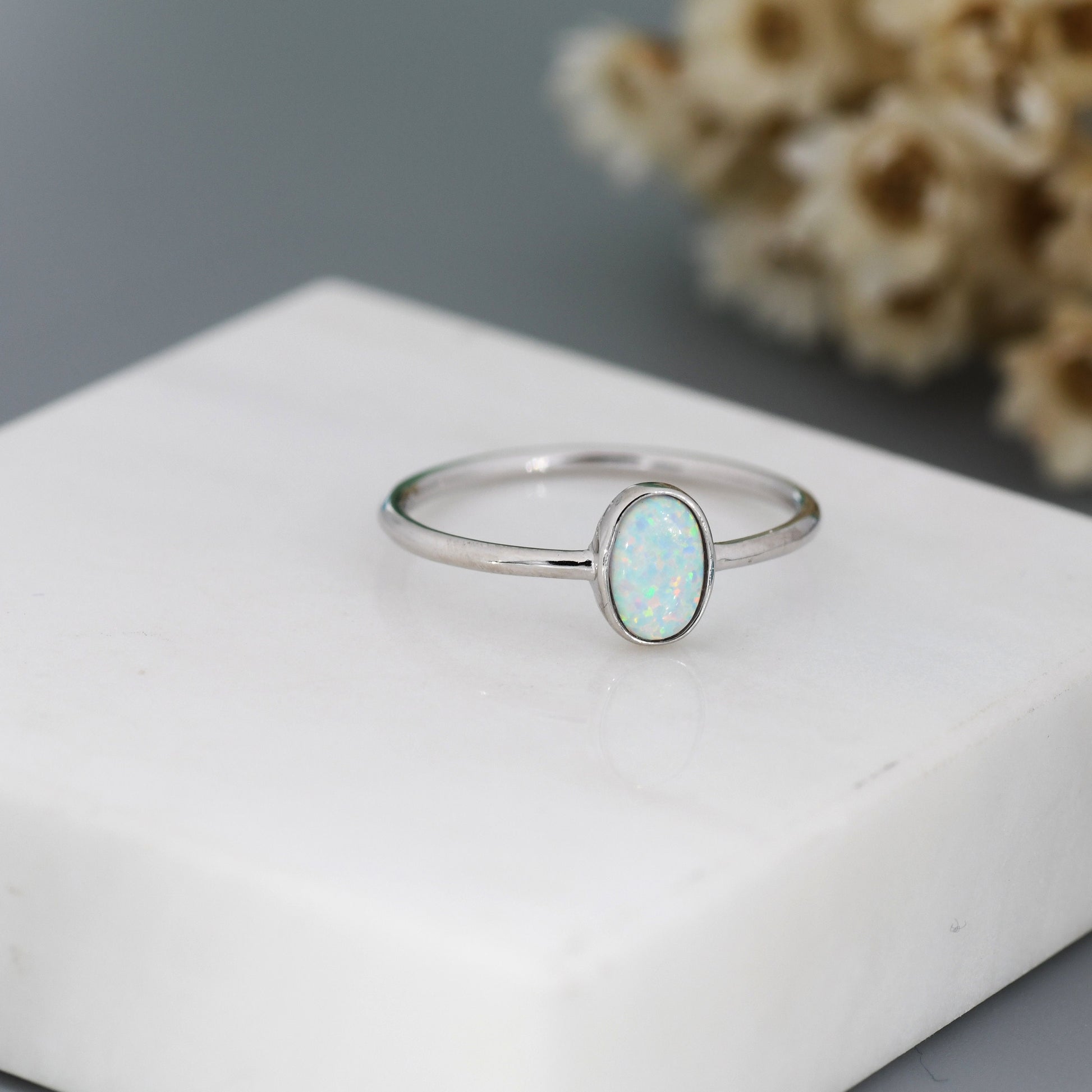 White Fire Oval Opal Ring in Sterling Silver, US 5 - 8, Delicate Opal Stone Ring, Lab Created Opal Ring, Simulated Opal Ring