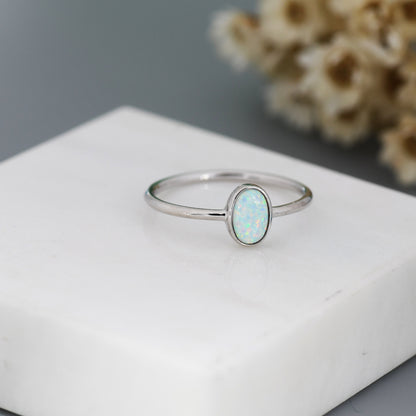 White Fire Oval Opal Ring in Sterling Silver, US 5 - 8, Delicate Opal Stone Ring, Lab Created Opal Ring, Simulated Opal Ring