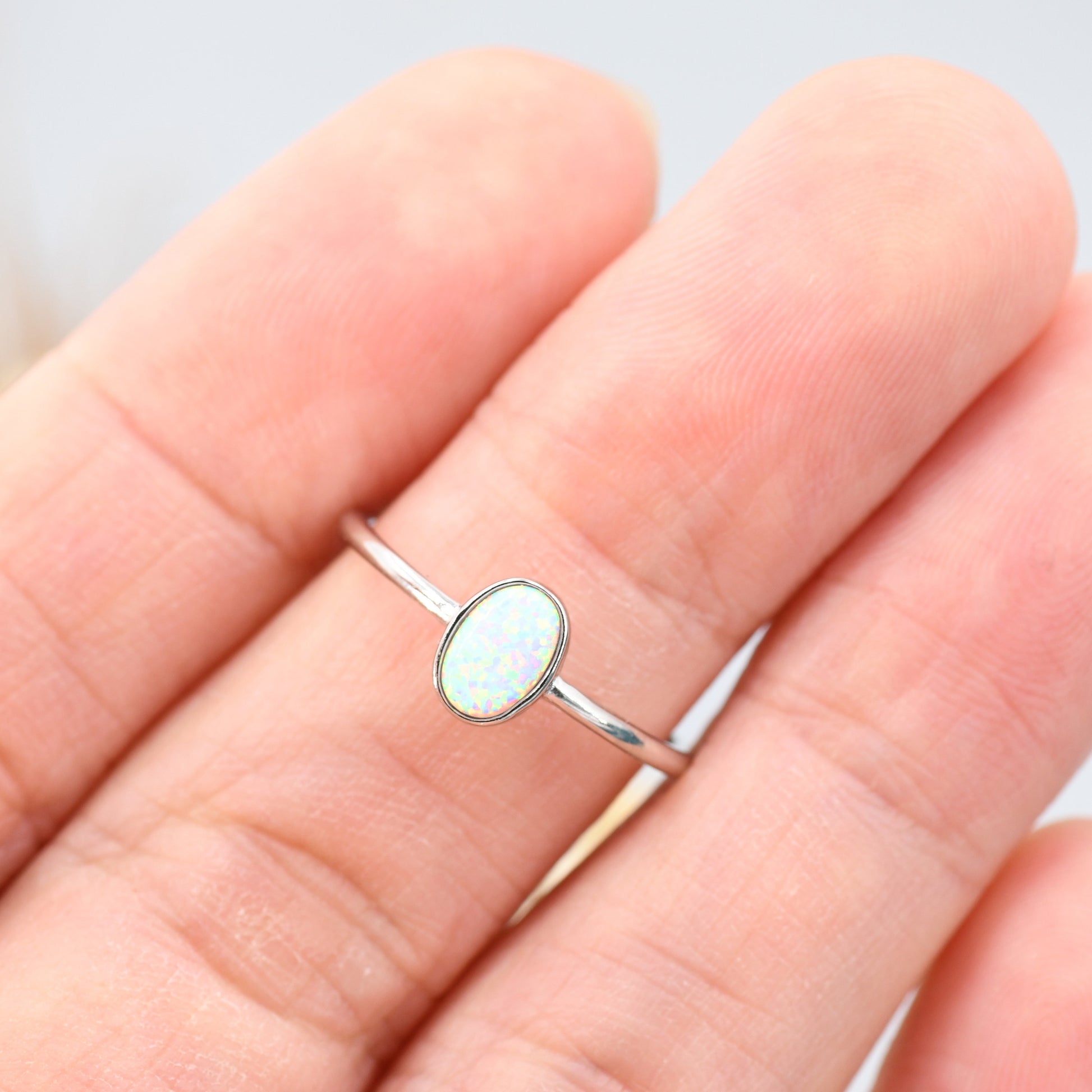 White Fire Oval Opal Ring in Sterling Silver, US 5 - 8, Delicate Opal Stone Ring, Lab Created Opal Ring, Simulated Opal Ring