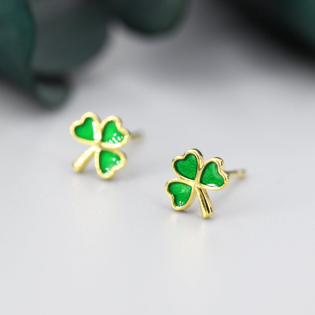 Shamrock Leaf Enamel Stud Earrings in Sterling Silver, Silver or Gold, Flower Earrings, Clover Earrings, Good Luck Gift