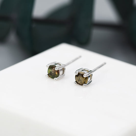 Natural Raw Tourmaline Stone Stud Earrings in Sterling Silver -  Genuine Tourmaline Crystal Stud Earrings  - Smokey Colour Tourmaline