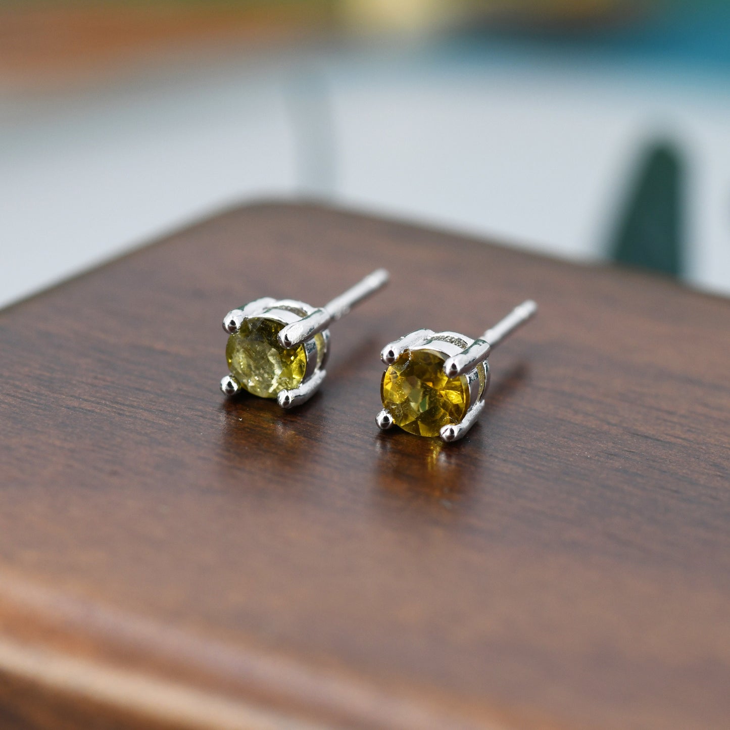 Natural Raw Tourmaline Stone Stud Earrings in Sterling Silver -  Genuine Tourmaline Crystal Stud Earrings  - Yellow Green Tourmaline