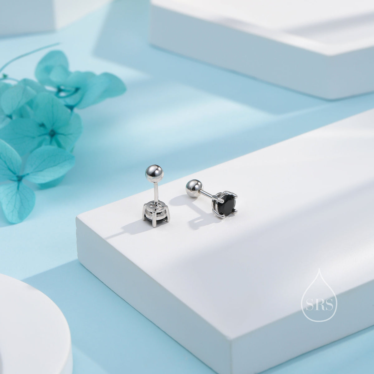 Tiny Black CZ Screw Back Earrings in Sterling Silver, 3mm or 4mm or 5mm CZ, Stacking Earrings, Black CZ Barbell Earrings, Helix Earrings