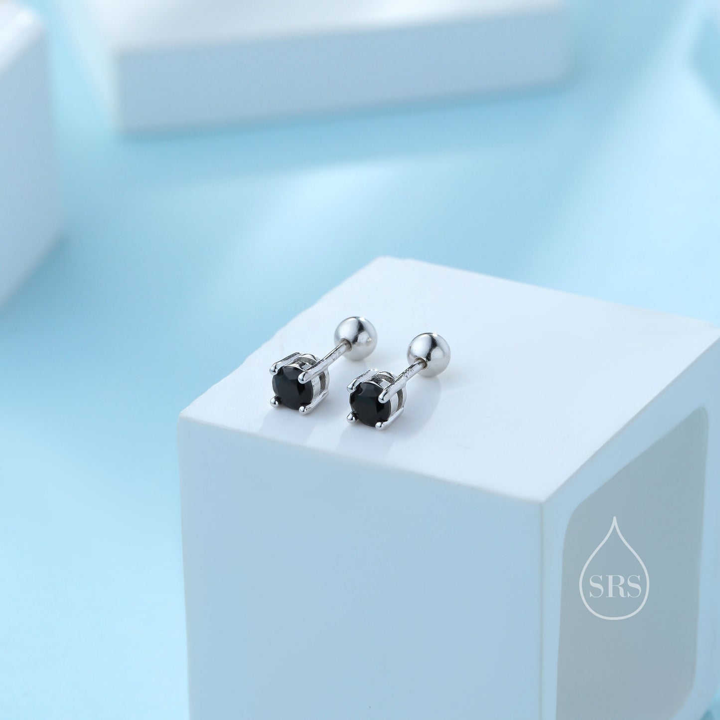 Black CZ Internally Threaded Flat Back / Screw Back Earrings in Sterling Silver,4mm CZ, Black CZ Barbell Earrings, Silver or Gold