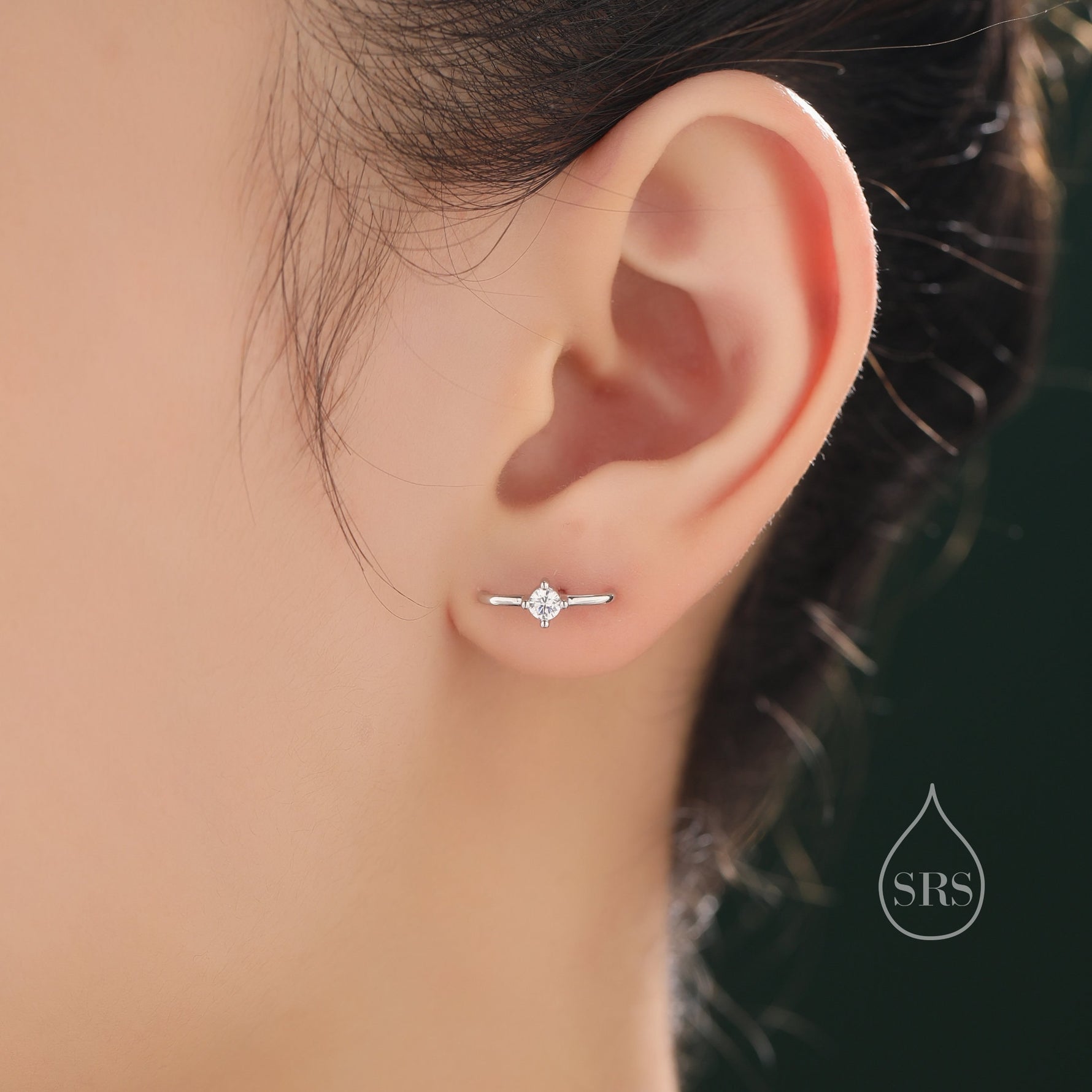 Single Piercing CZ Skinny Earlobe Cuff Earring in Sterling Silver, Lobe Cuff, Silver or Gold or Rose Gold, Stapler Earrings