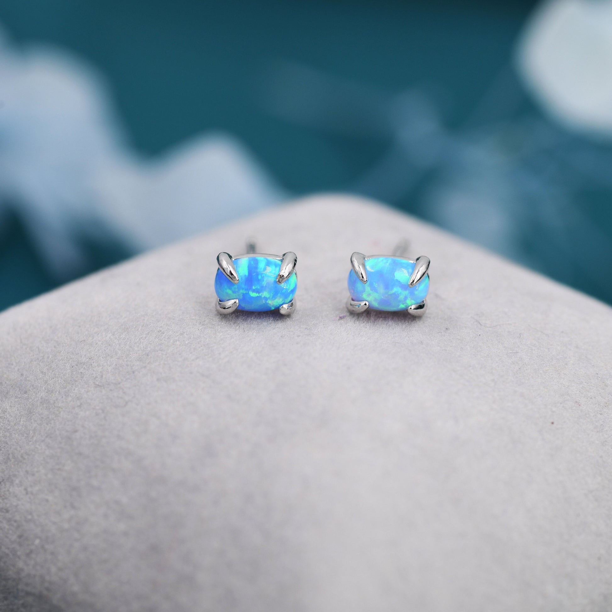 Blue Opal Oval Stud Earrings in Sterling Silver - Gold or Silver - Opal Oval Earrings - Opal Prong Set Earrings,Blue Opal